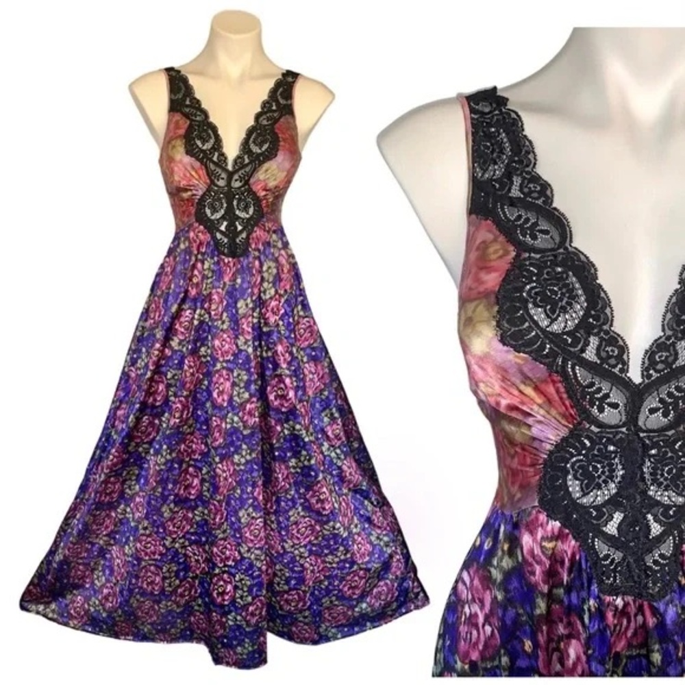 v i n t a g e :: Rare Olga Floral Full Sweep Nightgown Satin Lace Nylon